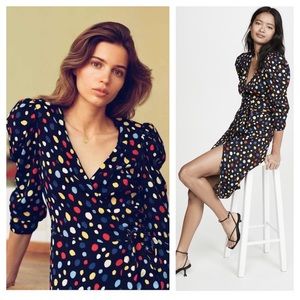 Reformation Jaylee Polka Dot Puff Sleeve Wrap Midi Dress in Fiesta